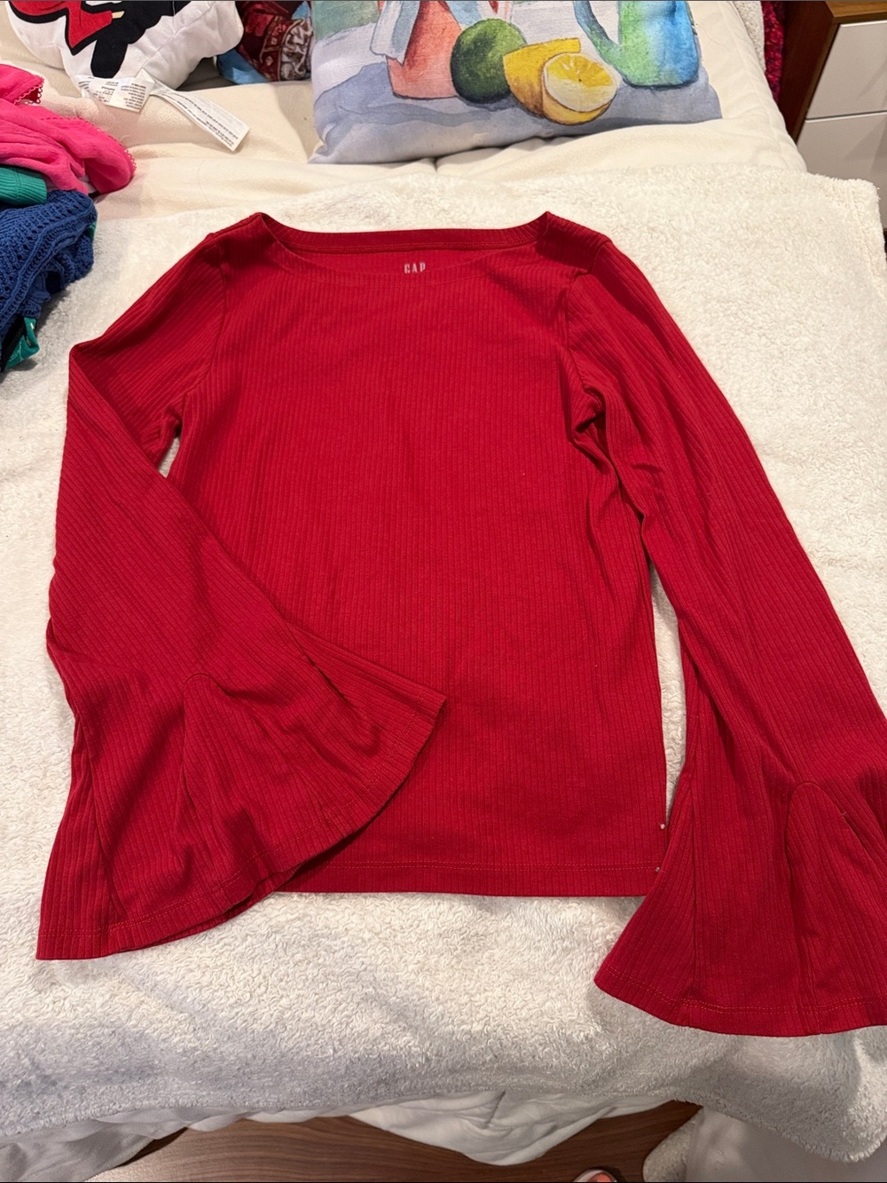 GAP Red Ribbed Long-Sleeve Top with Bell Sleeves